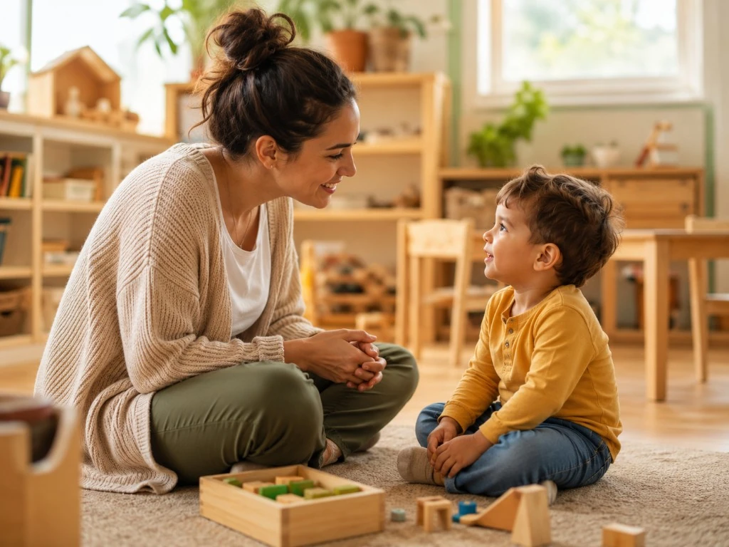 Teacher and young child sitting together on the classroom floor, smiling and connecting