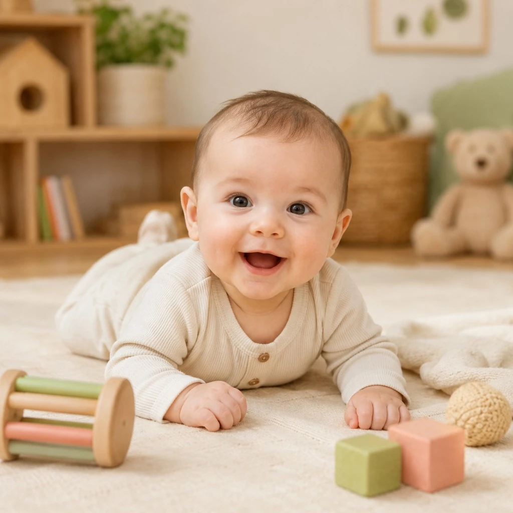 Happy infant during tummy time in a calm classroom