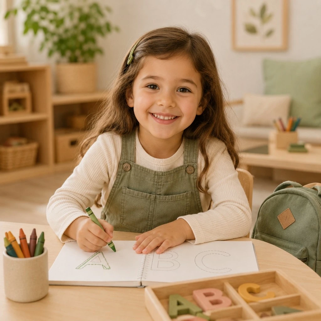 Pre-K student tracing letters with crayons