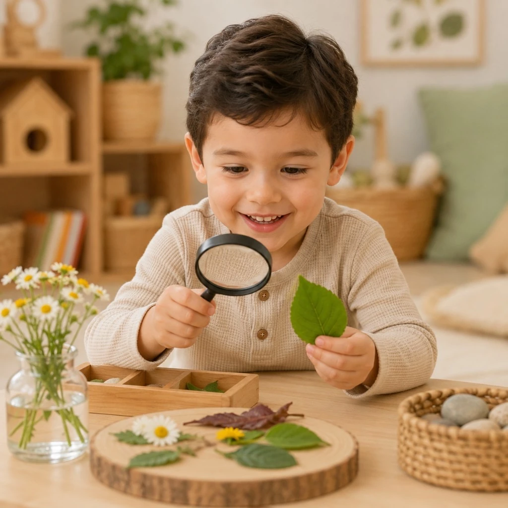 Preschooler examining a leaf with a magnifying glass