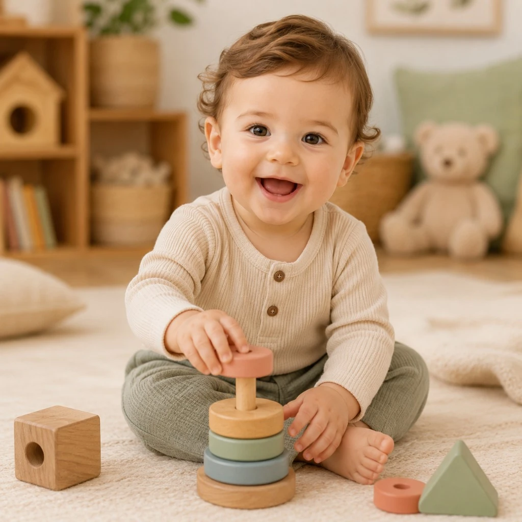 Smiling toddler stacking wooden rings